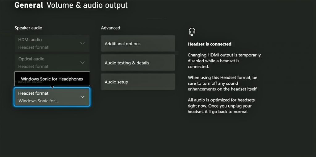 Menú de salida de audio en Xbox
