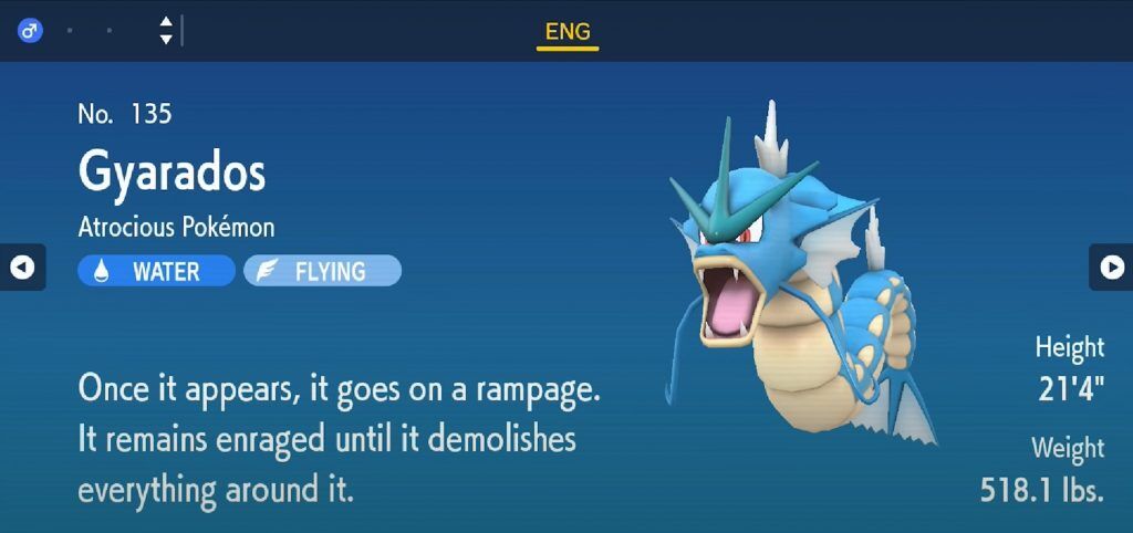 Gyarados, un tipo de agua en escarlata y violeta.