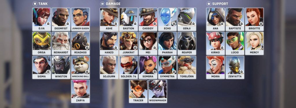 Overwatch 2 Hero Gallery con más de la mitad de los personajes bloqueados.