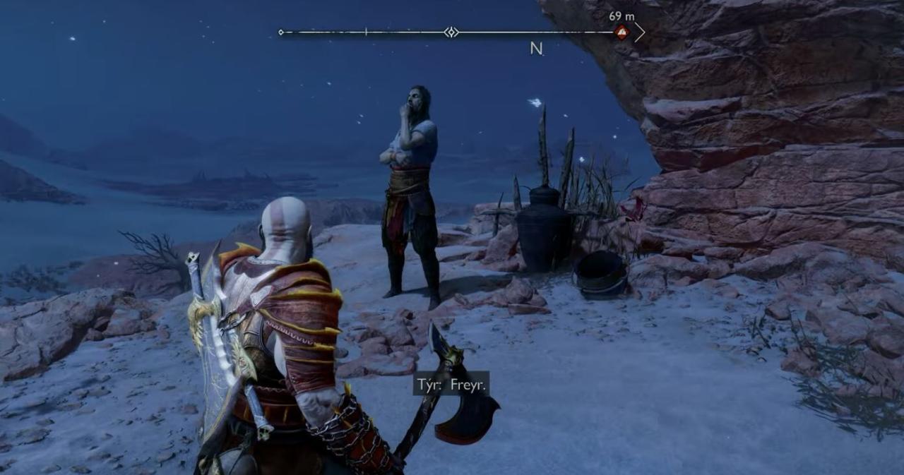 Kratos and Freya chatting with Tyr