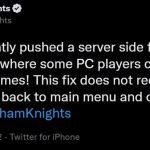 Tweet oficial de la página de Twitter de Gotham Knights sobre la corrección del servidor multijugador.